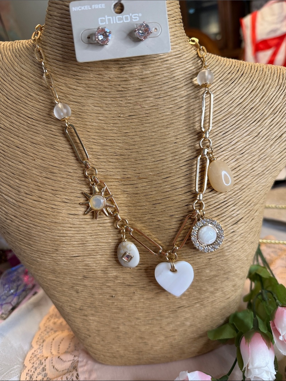 Chico's Gold-Tone Necklace with White Heart and Cream Accents